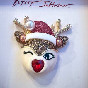 NIB Betsey Johnson Reindeer Brooch Holiday Christmas Pin Rudolph
